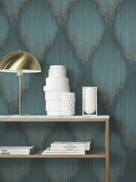 Starfall Teal Metallic Ikat Wallpaper