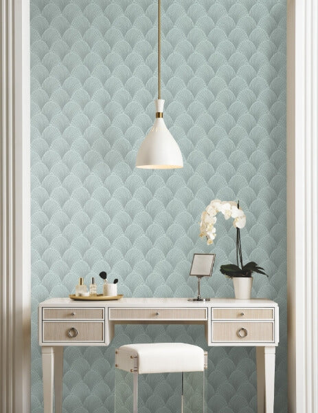 Metallic Blue Pearl Scallop Wallpaper