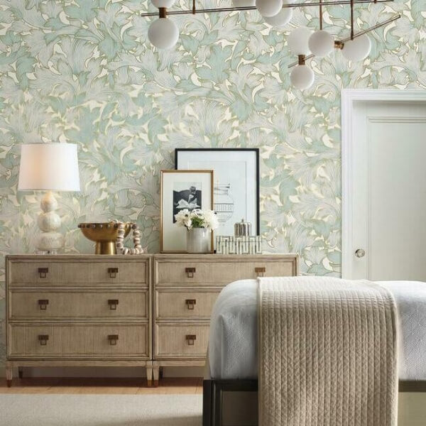 Acanthus Toss Beige & Seafoam Wallpaper