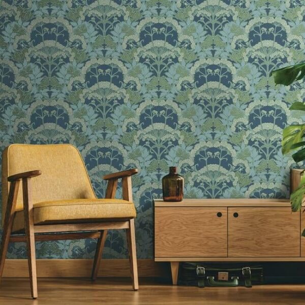 Yarrow Nouveau Blue & Green Wallpaper