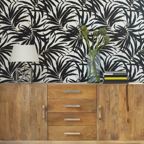 Bali Leaves Black Peel & Stick Wallpaper
