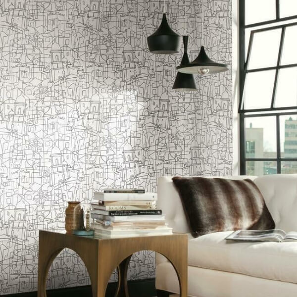 Cubist Cityscape Black Peel & Stick Wallpaper