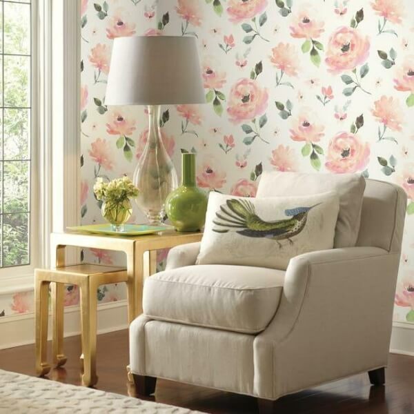 Watercolor Blooms Coral Peel & Stick Wallpaper