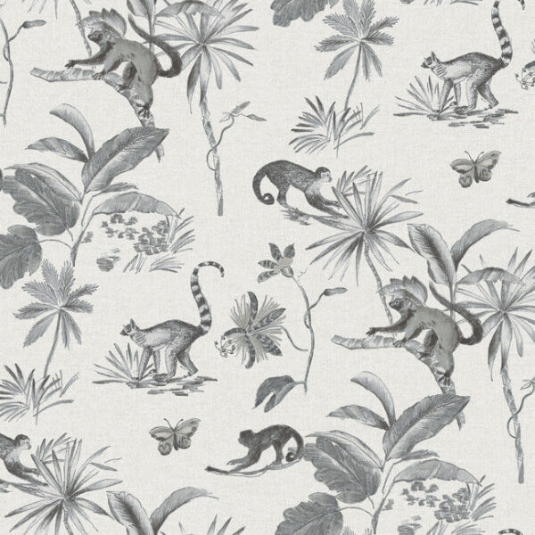 Botanicals & Lemurs Grey Peel & Stick Wallpaper