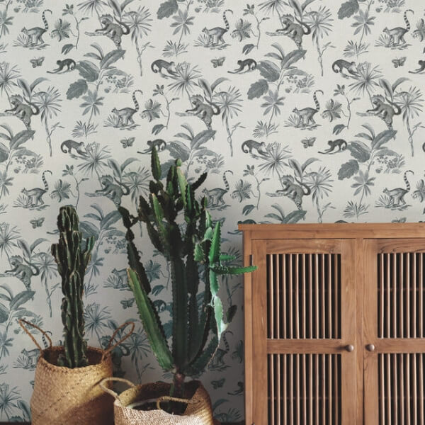 Botanicals & Lemurs Grey Peel & Stick Wallpaper