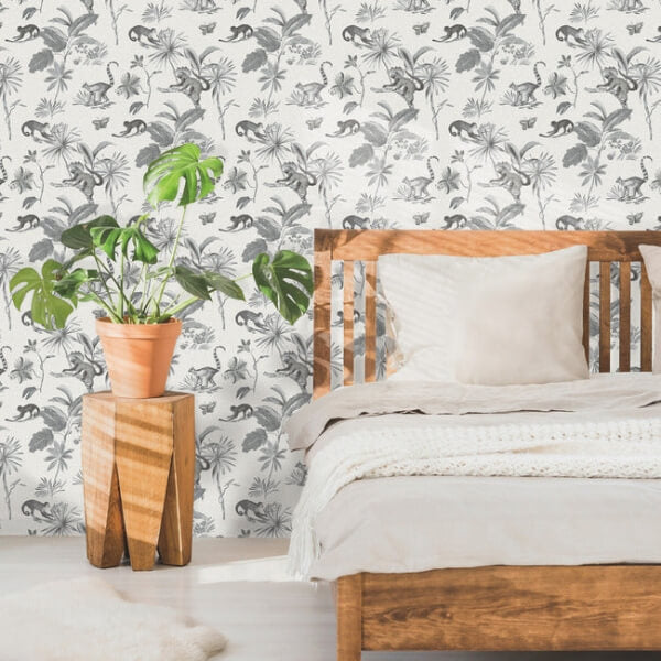 Botanicals & Lemurs Grey Peel & Stick Wallpaper