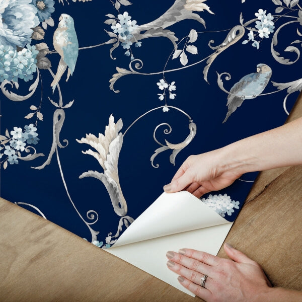 Parrots with Floral Bouquets Navy Peel & Stick Wallpaper