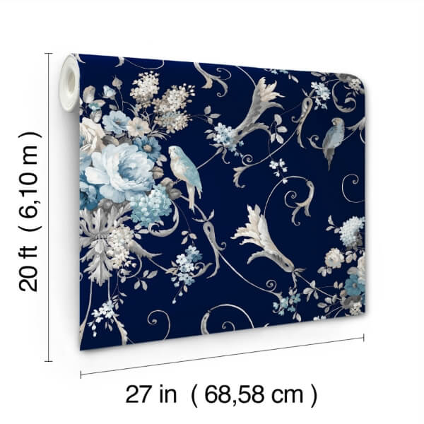Parrots with Floral Bouquets Navy Peel & Stick Wallpaper