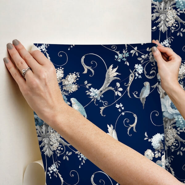 Parrots with Floral Bouquets Navy Peel & Stick Wallpaper