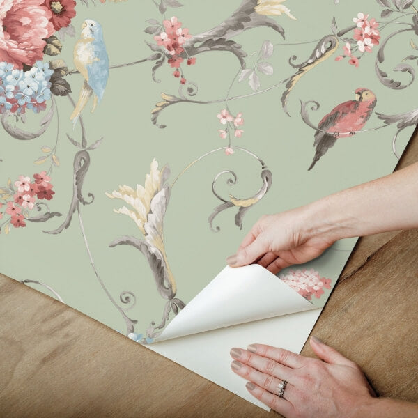 Parrots with Floral Bouquets Eucalyptus Peel & Stick Wallpaper