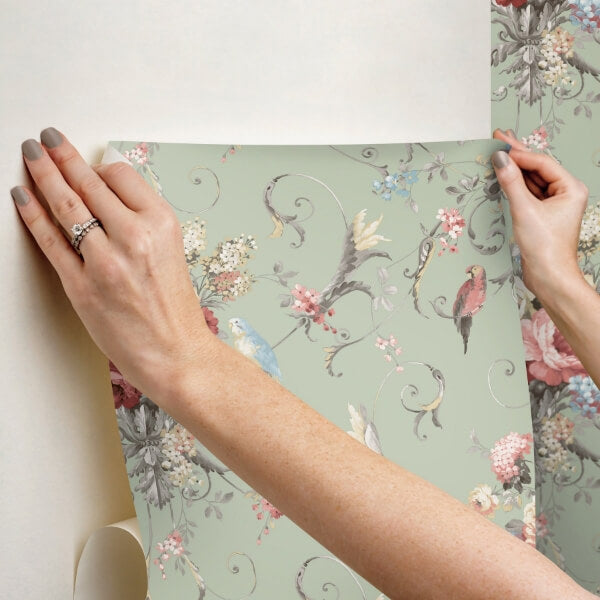 Parrots with Floral Bouquets Eucalyptus Peel & Stick Wallpaper