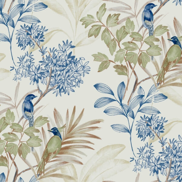 Handpainted Songbird Green & Blue Peel & Stick Wallpaper