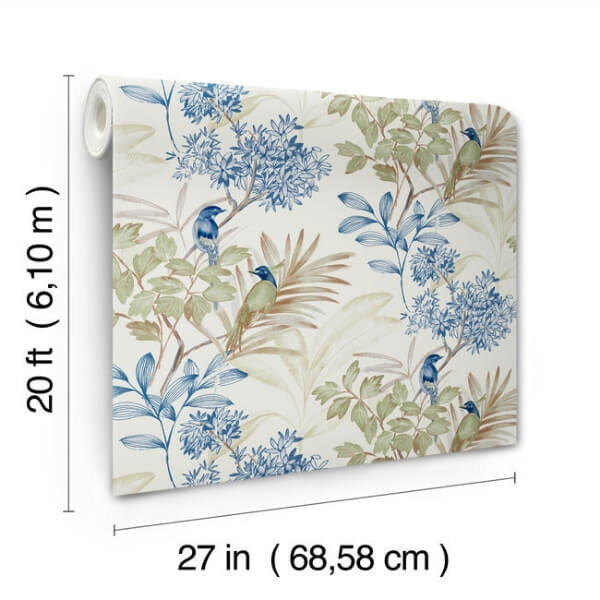 Handpainted Songbird Green & Blue Peel & Stick Wallpaper