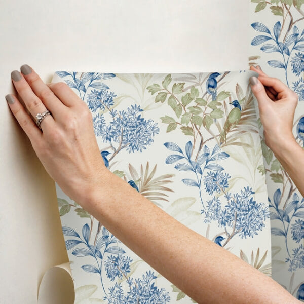 Handpainted Songbird Green & Blue Peel & Stick Wallpaper