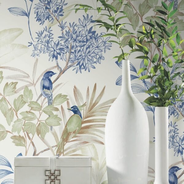Handpainted Songbird Green & Blue Peel & Stick Wallpaper
