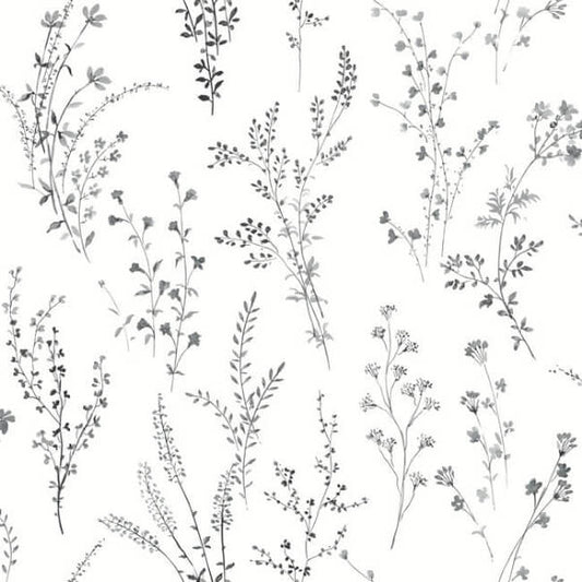 Wildflower Sprigs Black & White Peel & Stick Wallpaper