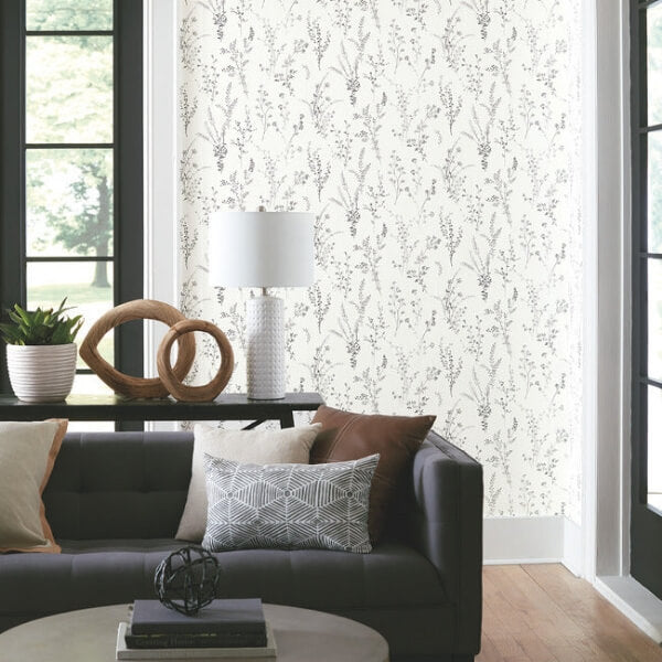 Wildflower Sprigs Black & White Peel & Stick Wallpaper