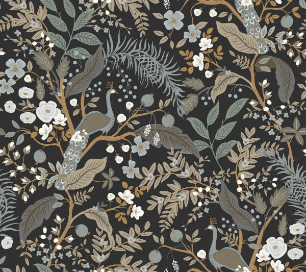 Peacock Garden Black Peel & Stick Wallpaper