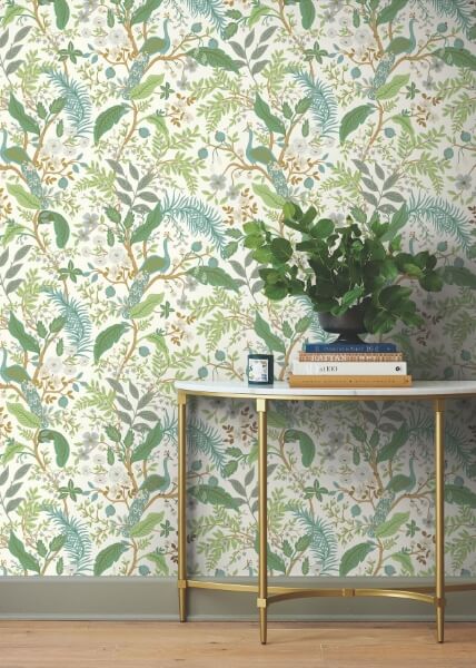 Peacock Garden White Peel & Stick Wallpaper