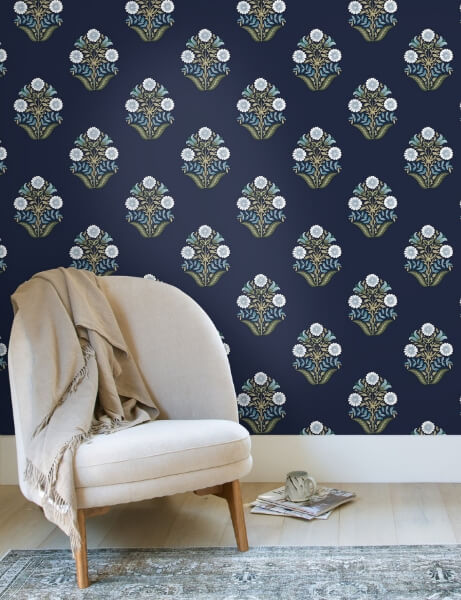 Sophie Navy Floral Medallion Peel & Stick Wallpaper