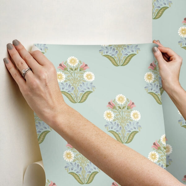 Sophie Aqua Floral Medallion Peel & Stick Wallpaper