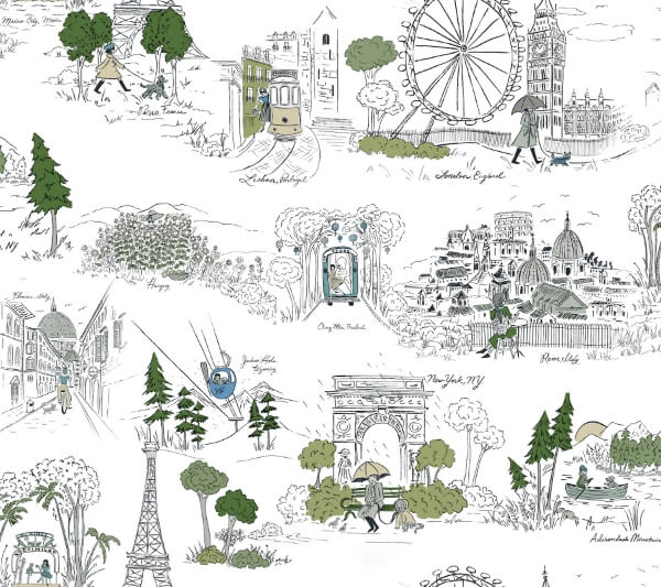 Travel Sketches Blue Globetrotter Premium Peel + Stick Wallpaper