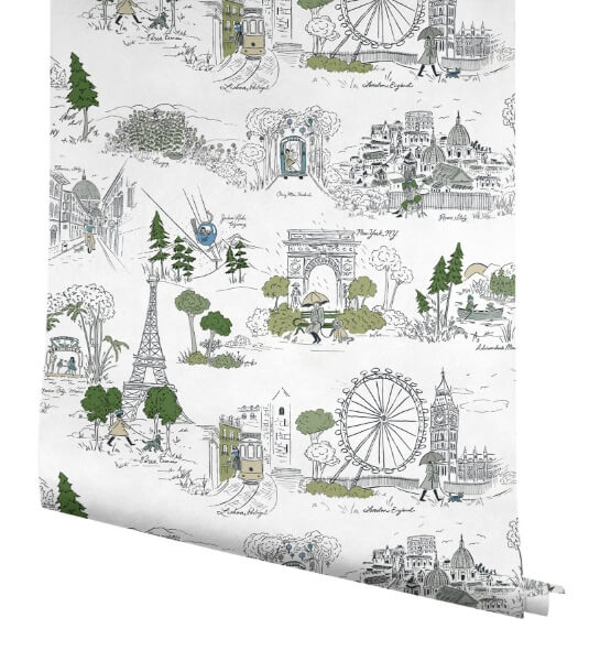 Travel Sketches Blue Globetrotter Premium Peel + Stick Wallpaper