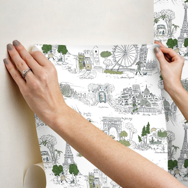 Travel Sketches Blue Globetrotter Premium Peel + Stick Wallpaper