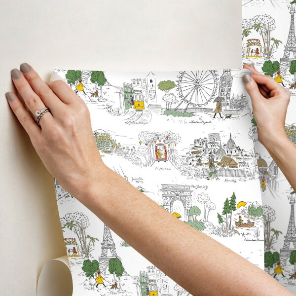 Travel Sketches Yellow Globetrotter Premium Peel + Stick Wallpaper