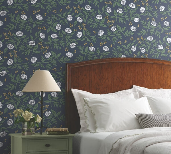 Peonies Navy Floral Premium Peel + Stick Wallpaper