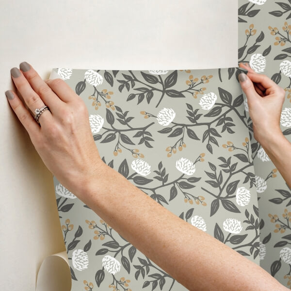Peonies Grey Floral Premium Peel + Stick Wallpaper