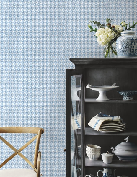 Daisy Gingham Blue Floral Check Premium Peel + Stick Wallpaper