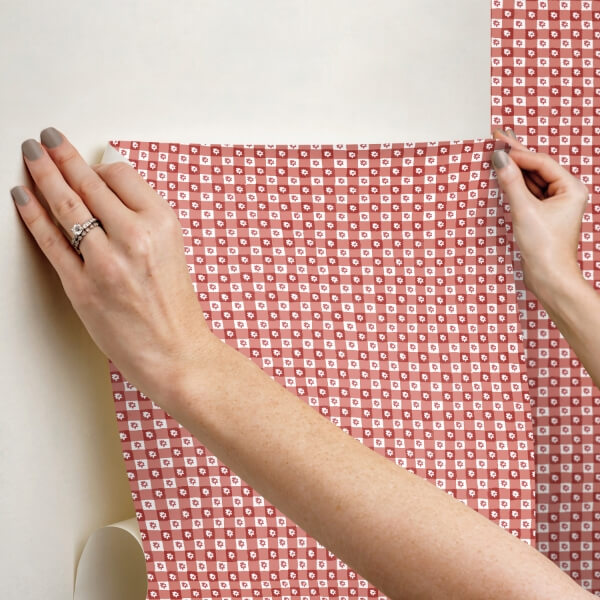 Daisy Gingham Red Floral Check Premium Peel + Stick Wallpaper
