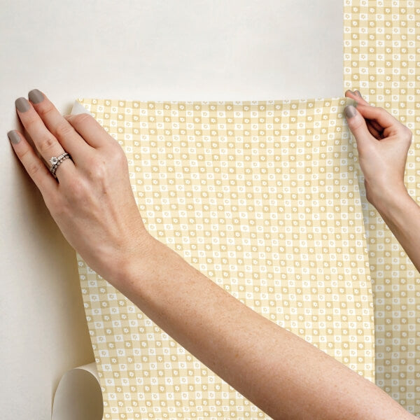 Daisy Gingham Yellow Floral Check Premium Peel + Stick Wallpaper