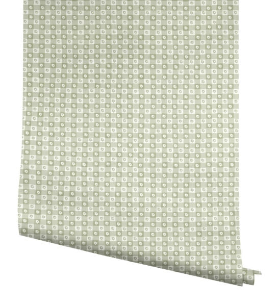 Daisy Gingham Green Floral Check Premium Peel + Stick Wallpaper