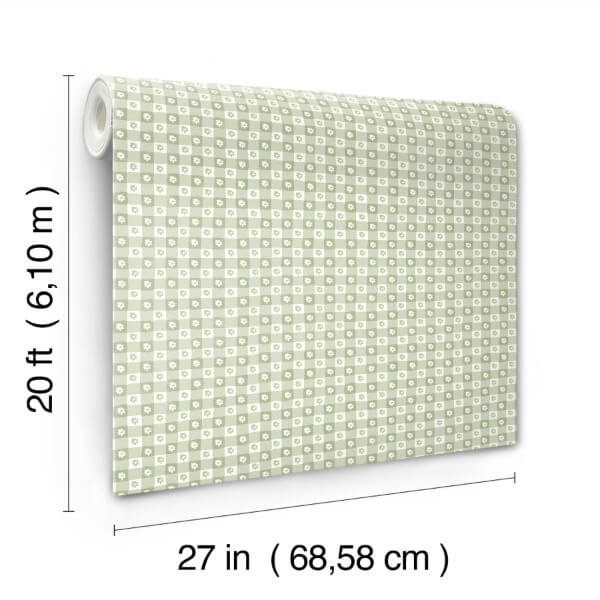 Daisy Gingham Green Floral Check Premium Peel + Stick Wallpaper