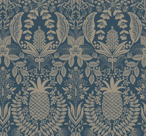 Pineapple Damask Navy Wallpaper