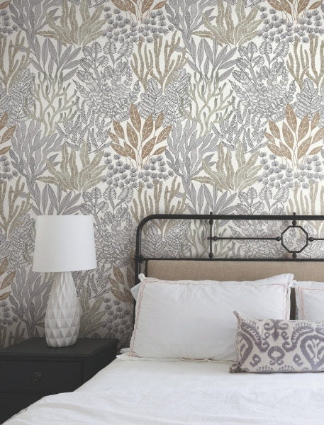 Coral Leaves Taupe & Black Wallpaper