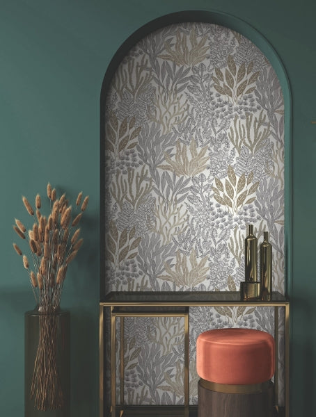 Coral Leaves Taupe & Black Wallpaper