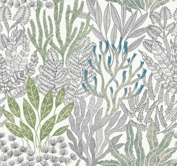 Coral Leaves Blue & Green Wallpaper