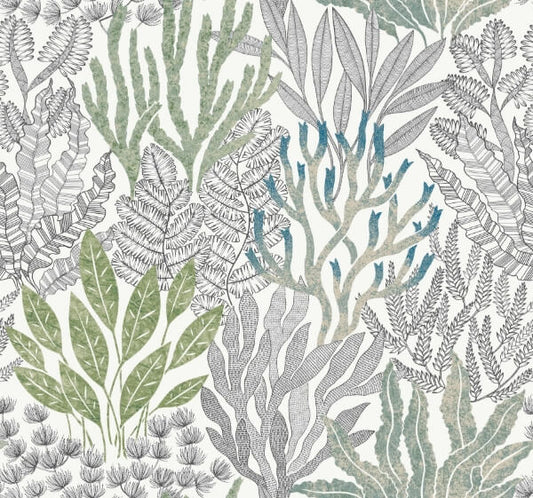 Coral Leaves Blue & Green Wallpaper