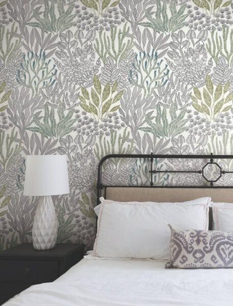 Coral Leaves Blue & Green Wallpaper