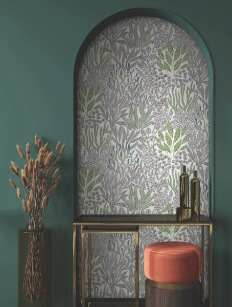 Coral Leaves Blue & Green Wallpaper
