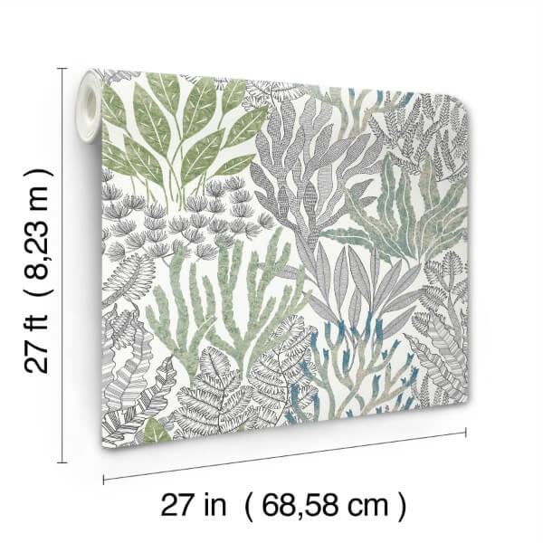 Coral Leaves Blue & Green Wallpaper