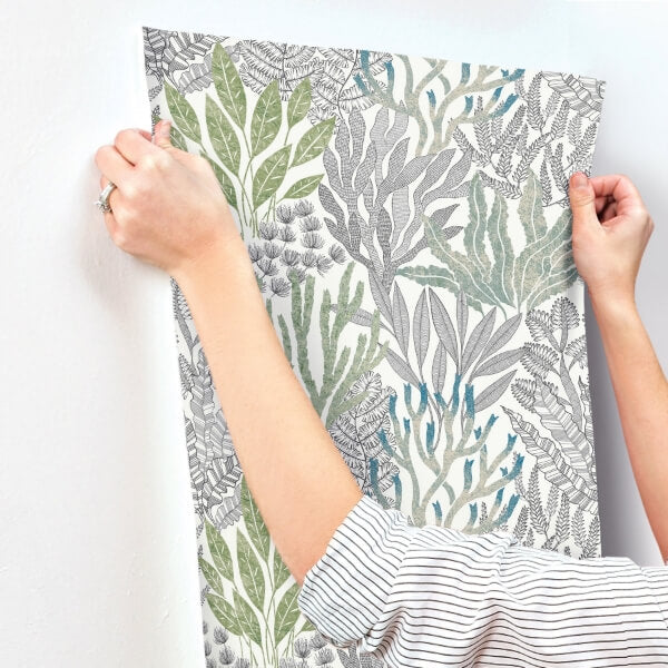 Coral Leaves Blue & Green Wallpaper