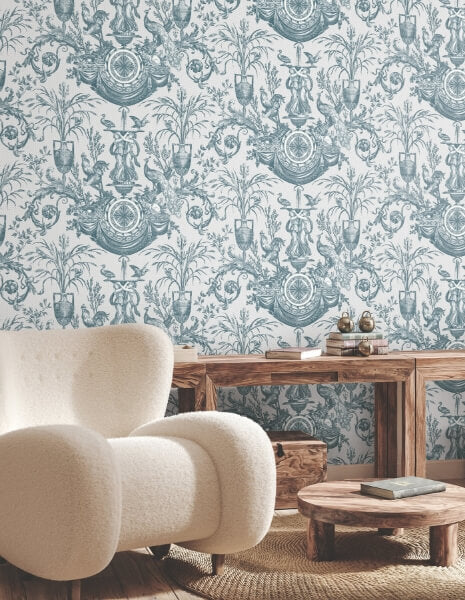 Avian Fountain Toile Jade Wallpaper