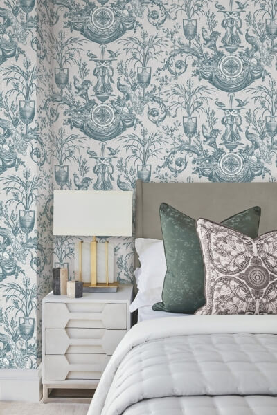 Avian Fountain Toile Jade Wallpaper