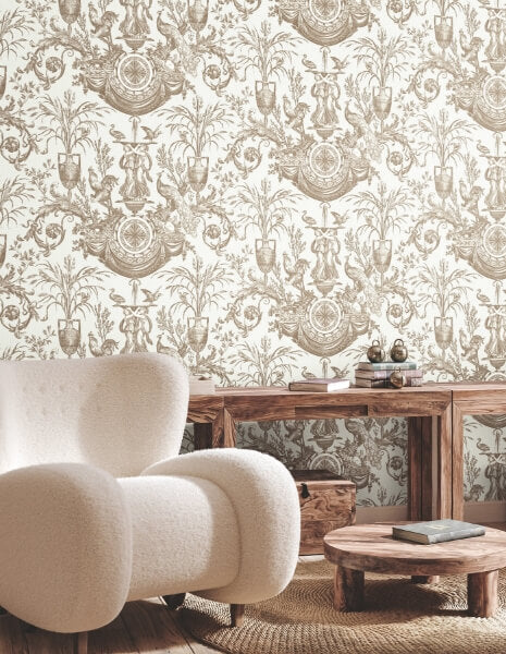 Avian Fountain Toile Mink Wallpaper