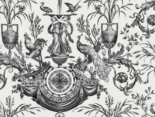 Avian Fountain Toile Black Wallpaper