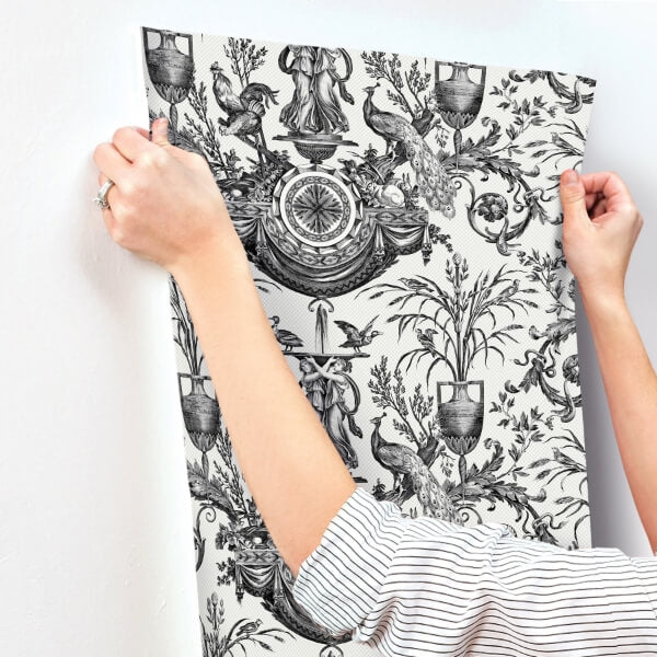 Avian Fountain Toile Black Wallpaper